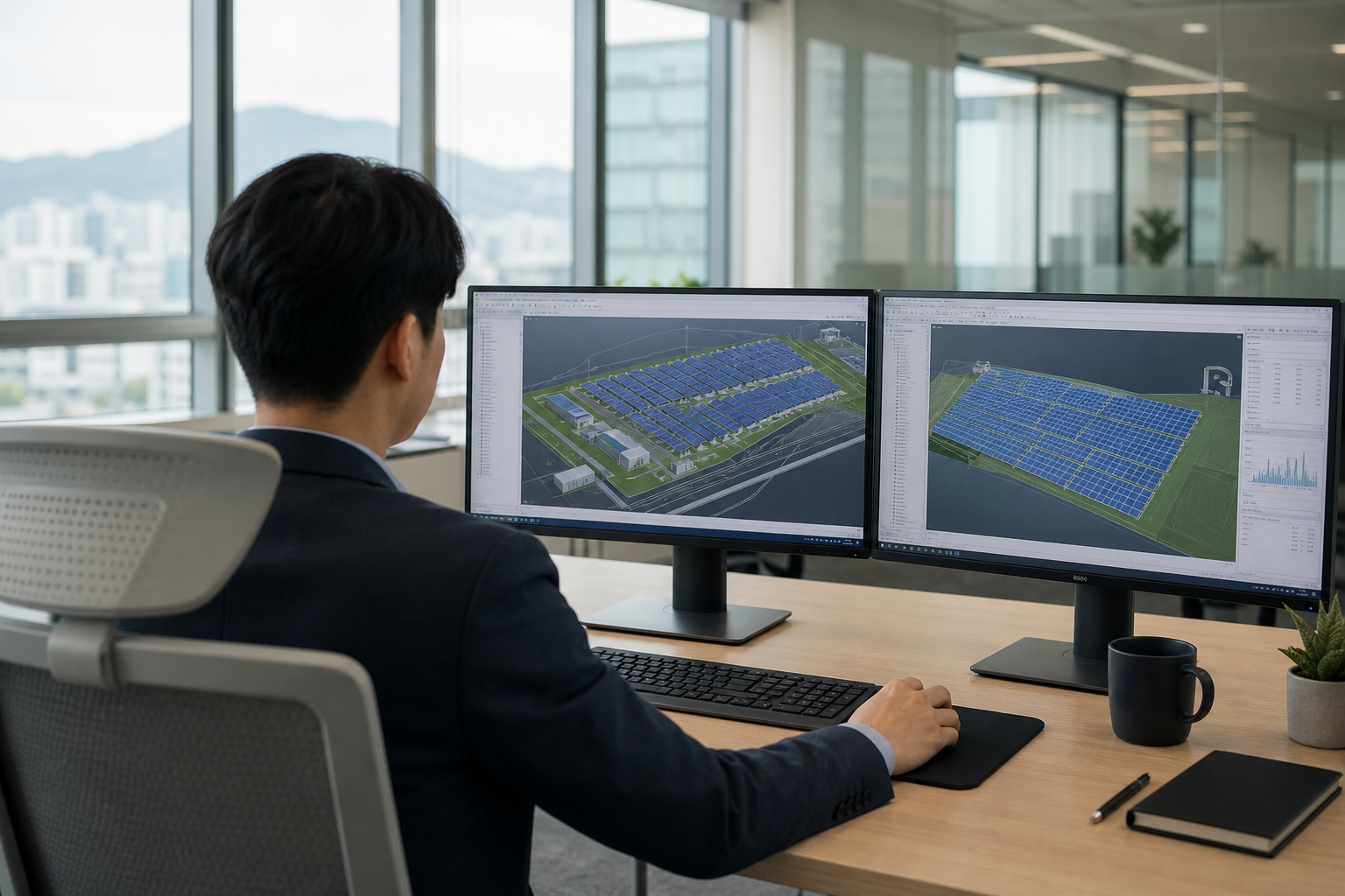 Engineer Working on Solar Plan Design in Korean Office