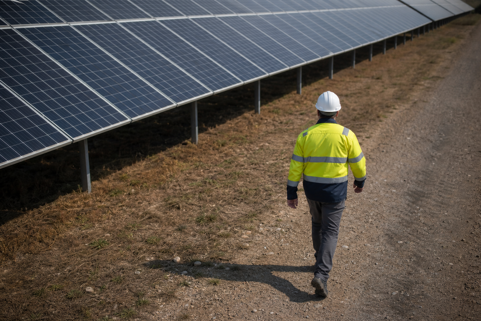 Worker in Safety Gear Near Solar Panels